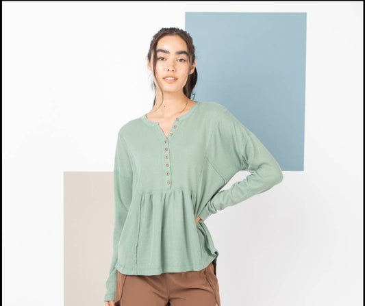 Sage Green Waffle Knit Top with Long Sleeves