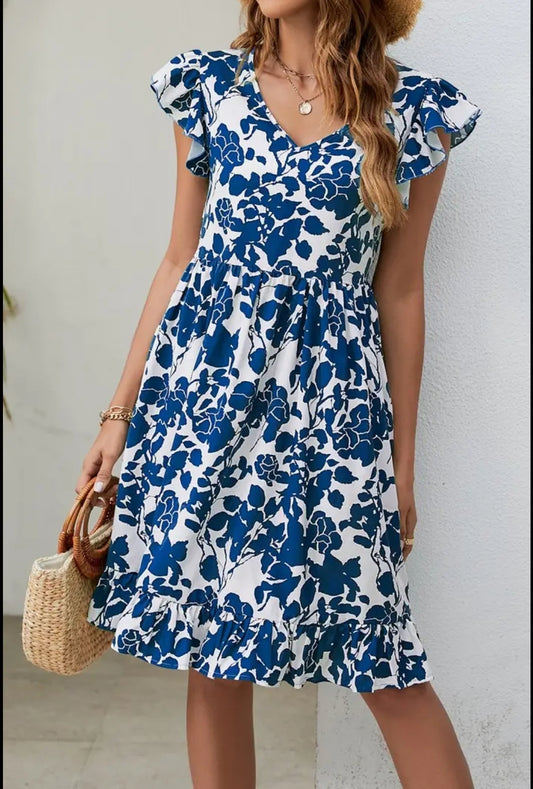 Royal Blue and White Print Dress