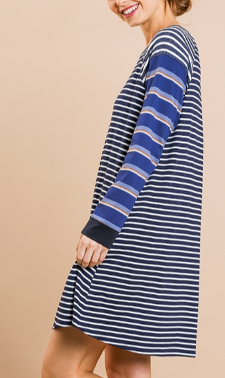 Navy and White Striped Long Sleeve Knit Dress