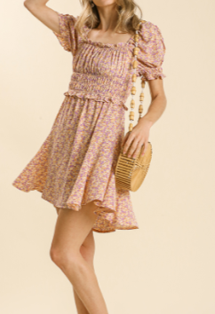 Apricot square-neck print short dress