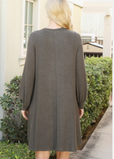OLIVE PUFF LONG SLEEVE HACCI BRUSHED DRESS