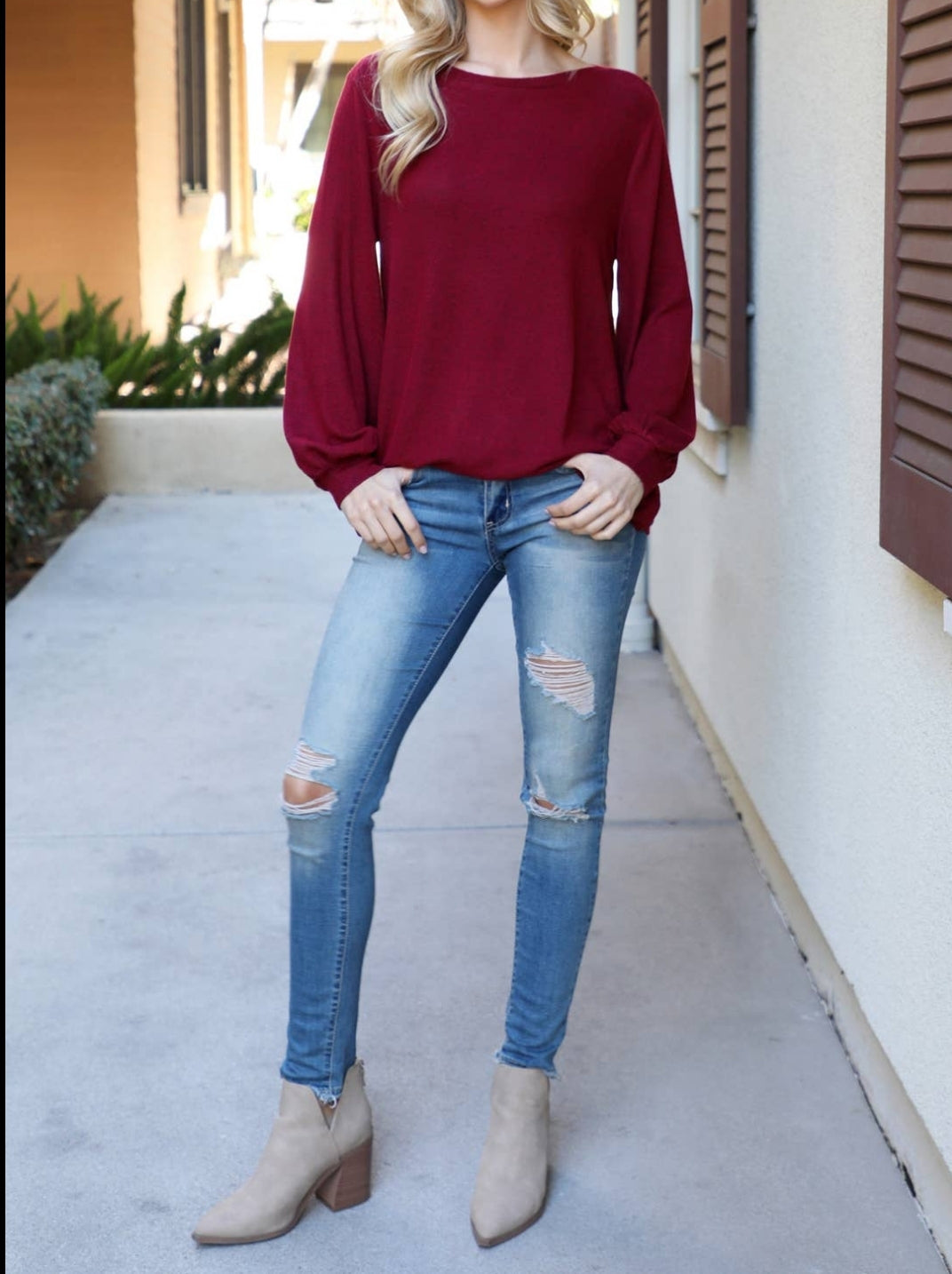 Wine Knit Top with Long Sleeves