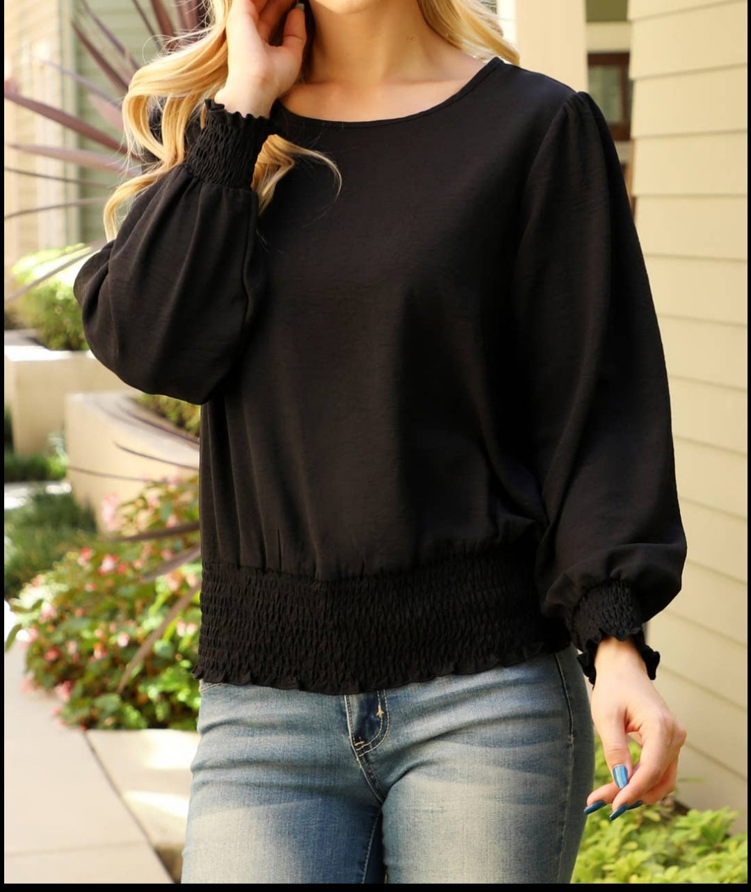 Woven Black Top with Long Sleeves