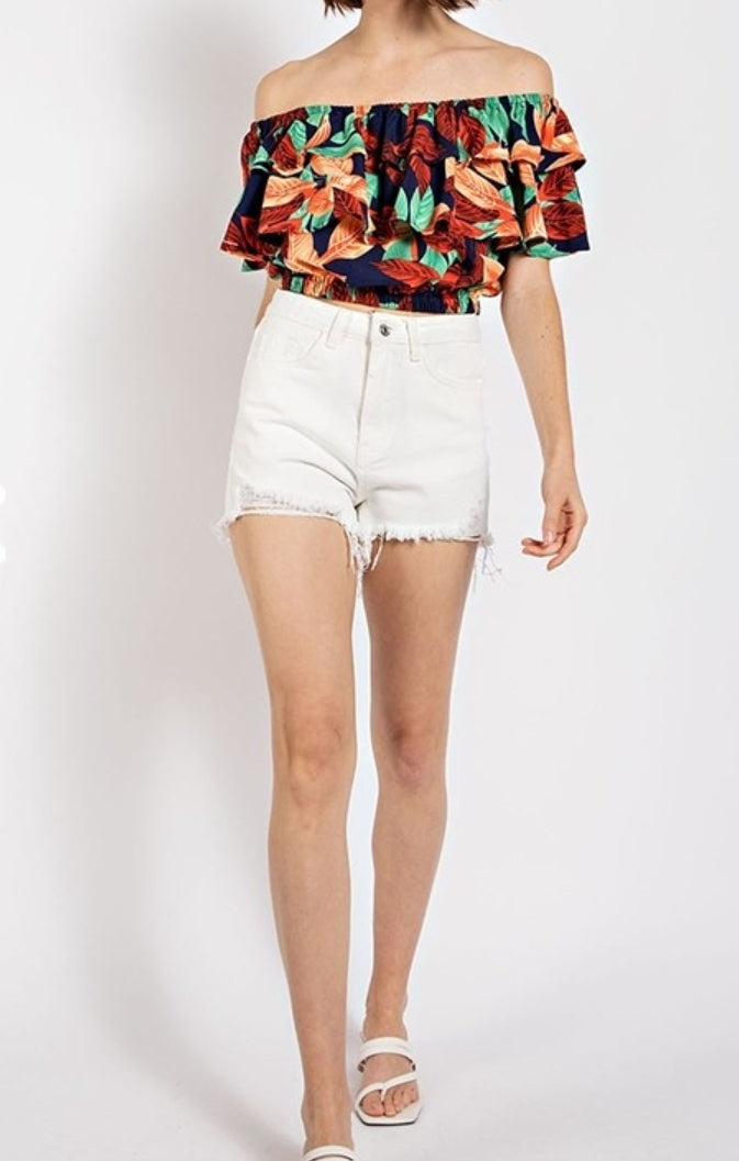 Navy Floral Top with Ruffles