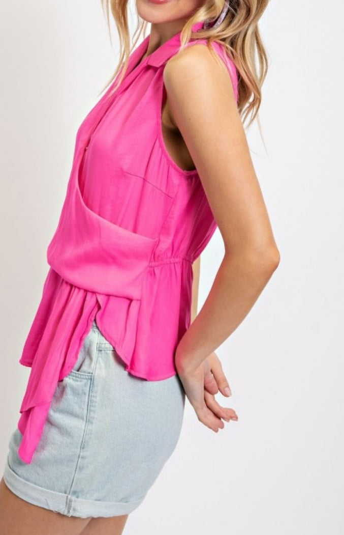 Collared Hot Pink Woven Top