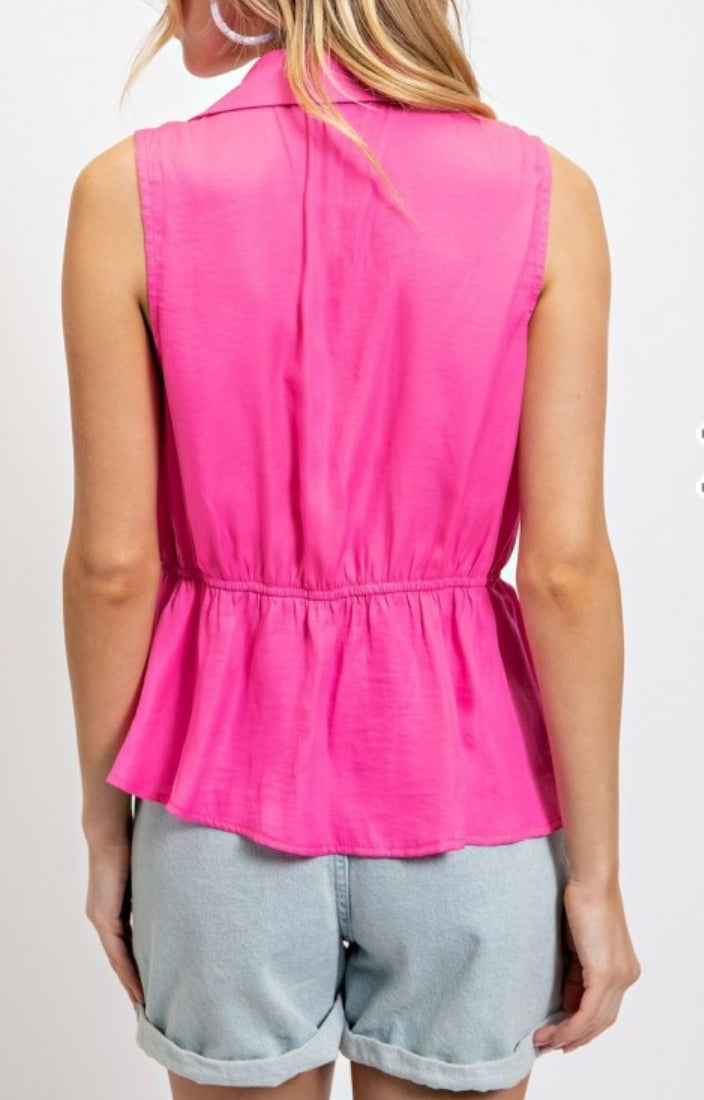 Collared Hot Pink Woven Top