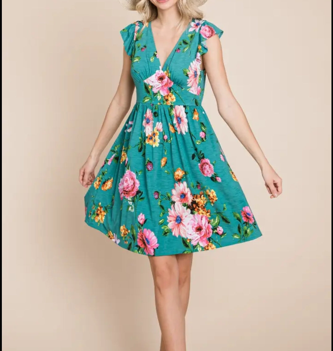 Teal Floral  Knit  Print Dress