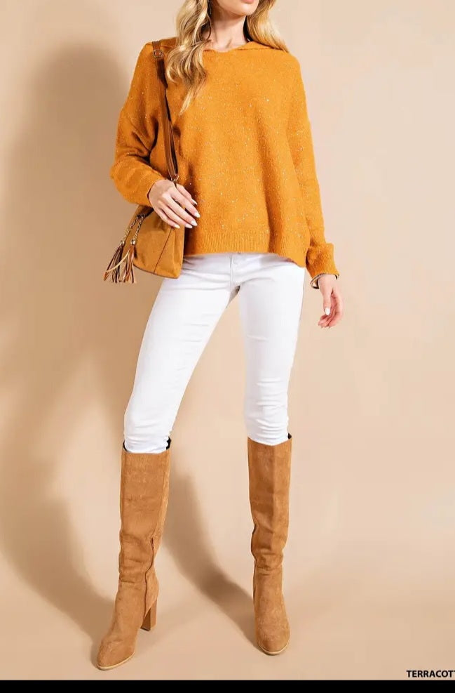 Rust Sparkle Sweater Top with Long Sleeves