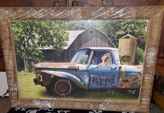 Barn wood picture, dog in vintage truck
