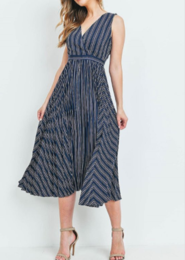 Striped V Neck Mid Length Blue Dress