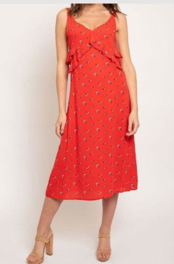 V neck Sleeveless Red Print Dress